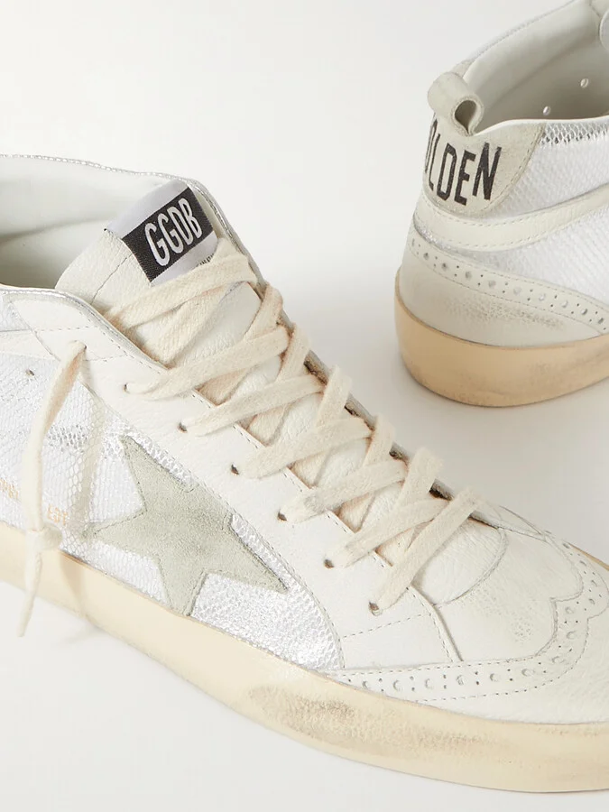 Golden Goose - Mid Star Distressed Suede-trimmed Metallic Snake-effect Leather Sneakers - Silver - Image 4