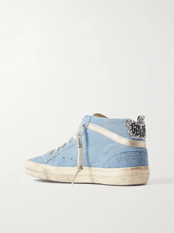 Golden Goose - Mid Star Glittered Leather-trimmed Distressed Denim High-top Sneakers - Blue - Image 3