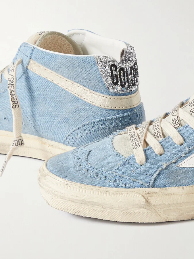 Golden Goose - Mid Star Glittered Leather-trimmed Distressed Denim High-top Sneakers - Blue - Image 4