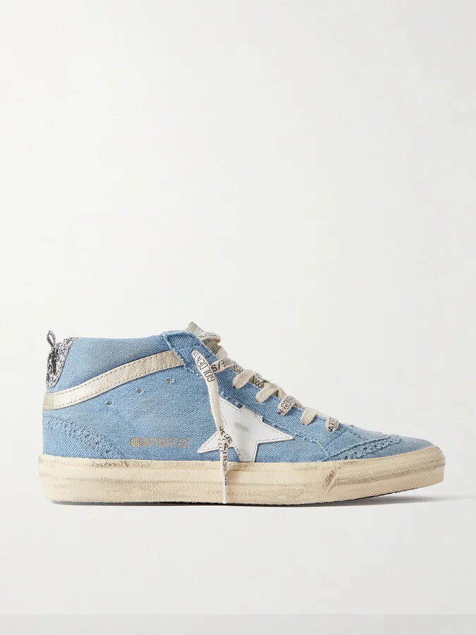 Golden Goose - Mid Star Glittered Leather-trimmed Distressed Denim High-top Sneakers - Blue