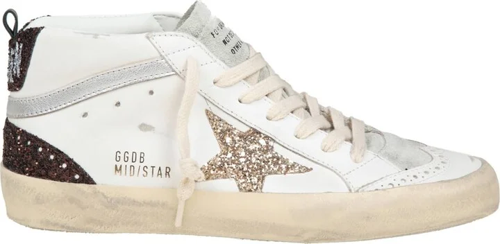 Golden Goose Mid Star In Leather And Suede With Glitter Star