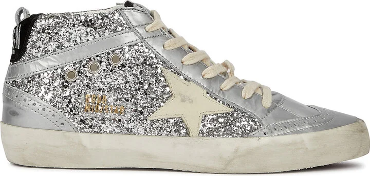 Golden Goose Mid Star Panelled Glittered Sneakers