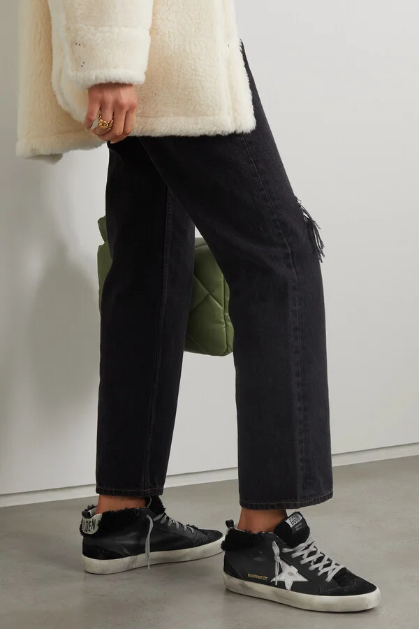 Golden Goose - Mid Star Shearling-lined Distressed Leather And Suede Sneakers - Black - Image 2