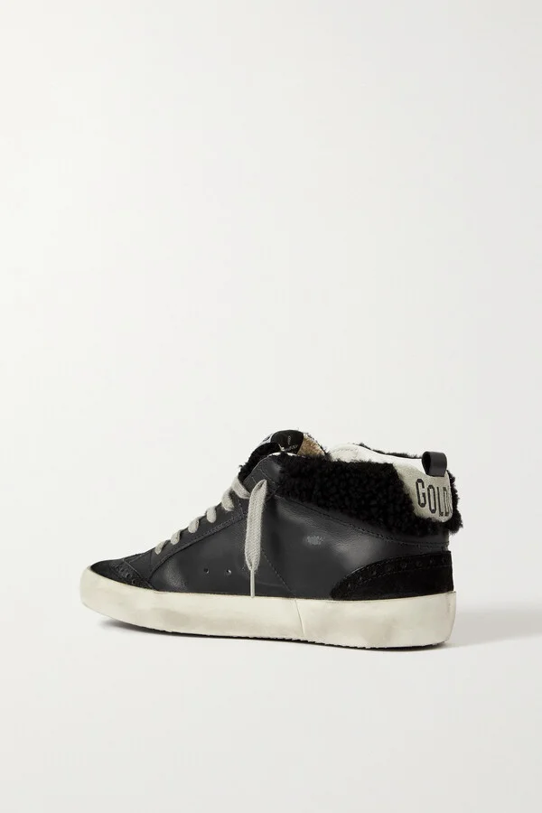 Golden Goose - Mid Star Shearling-lined Distressed Leather And Suede Sneakers - Black - Image 3