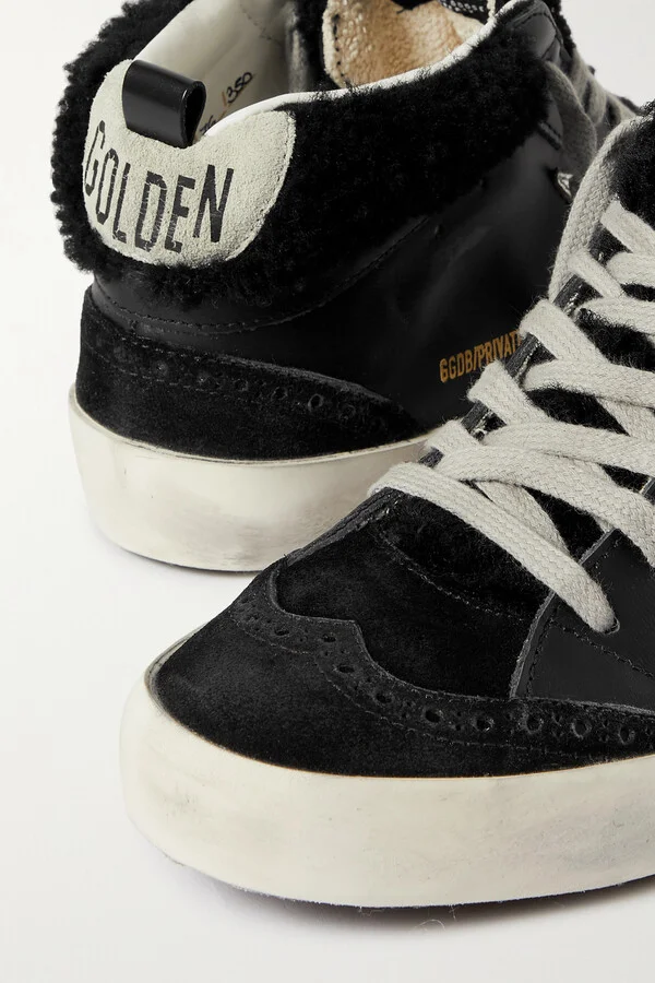 Golden Goose - Mid Star Shearling-lined Distressed Leather And Suede Sneakers - Black - Image 4
