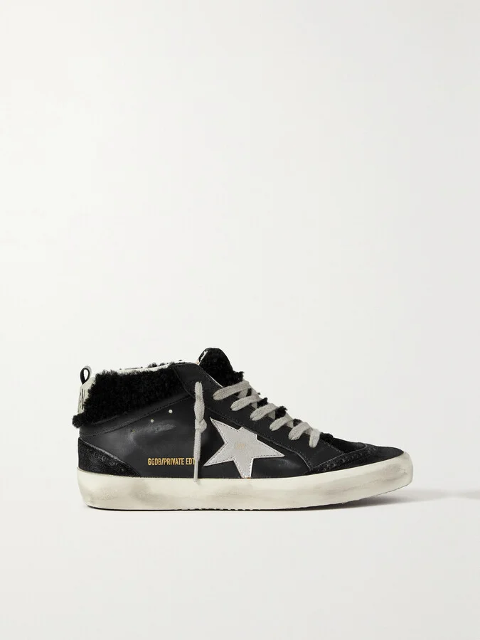 Golden Goose - Mid Star Shearling-lined Distressed Leather And Suede Sneakers - Black