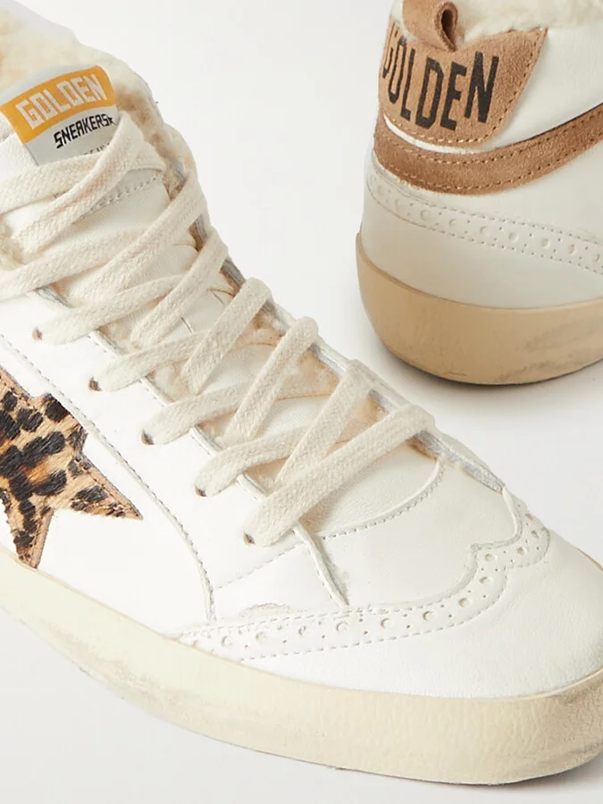 Golden Goose - Mid Star Shearling-lined Distressed Leopard-print Calf Hair, Suede And Leather Sneakers - Cream - Image 4