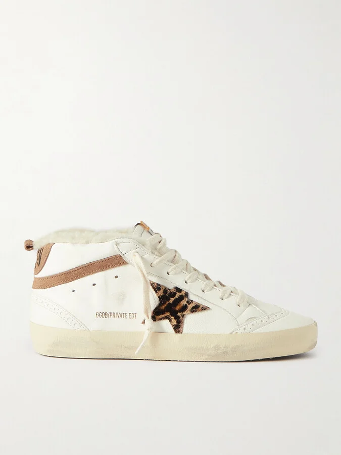 Golden Goose - Mid Star Shearling-lined Distressed Leopard-print Calf Hair, Suede And Leather Sneakers - Cream