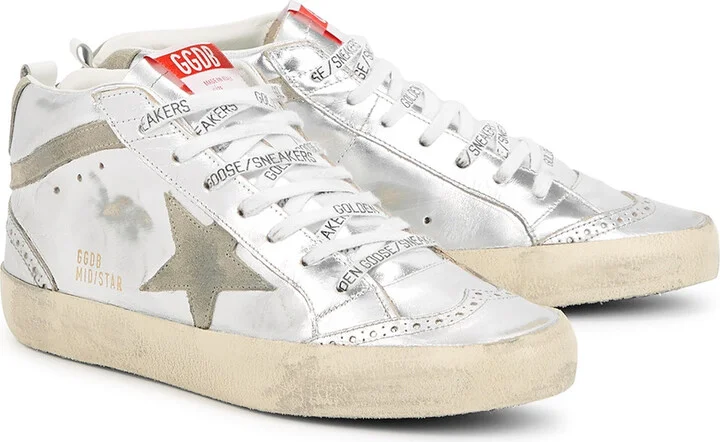 Golden Goose Mid Star Silver Distressed Leather Sneakers - Image 2