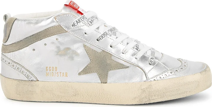 Golden Goose Mid Star Silver Distressed Leather Sneakers