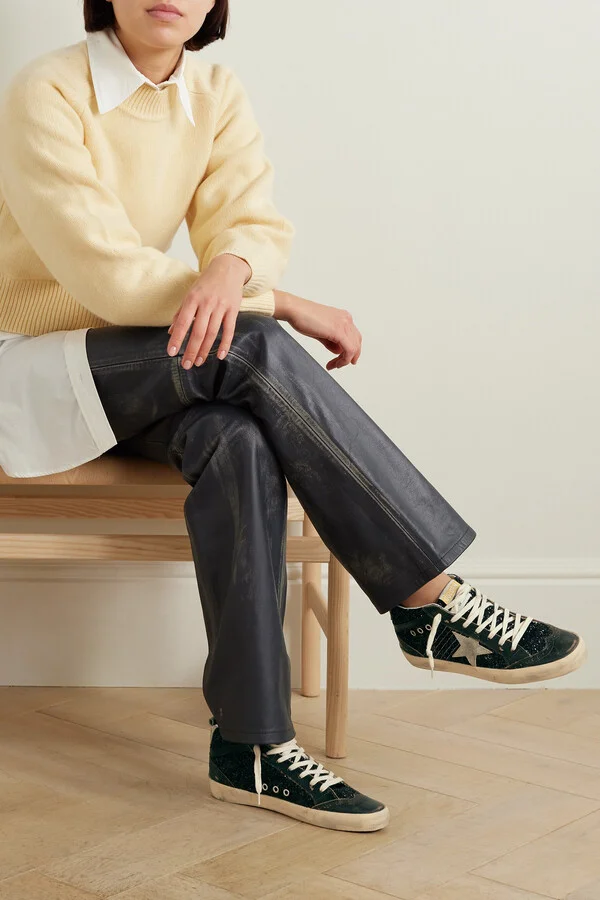 Golden Goose - Mid Star Suede And Leather-trimmed Distressed Glittered Faux Leather Sneakers - Black - Image 2