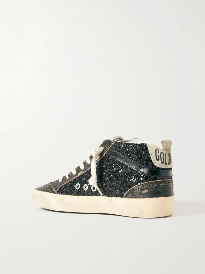 Golden Goose - Mid Star Suede And Leather-trimmed Distressed Glittered Faux Leather Sneakers - Black - Image 3