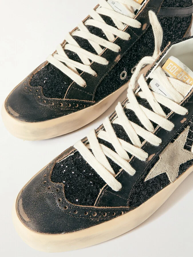 Golden Goose - Mid Star Suede And Leather-trimmed Distressed Glittered Faux Leather Sneakers - Black - Image 4