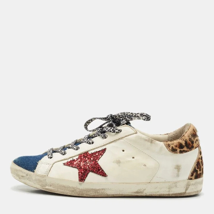 Golden Goose Multicolor Calf Hair and Denim Super Star Lace Up Sneakers Size 39
