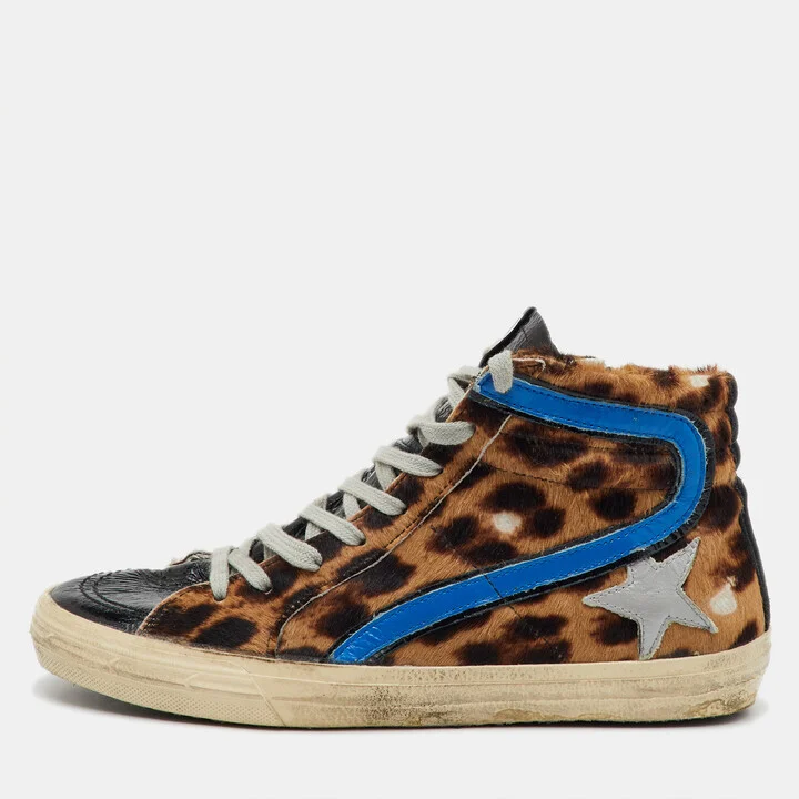 Golden Goose Multicolor Leather and Leopard Print Calf Hair High Top Sneakers Size 39