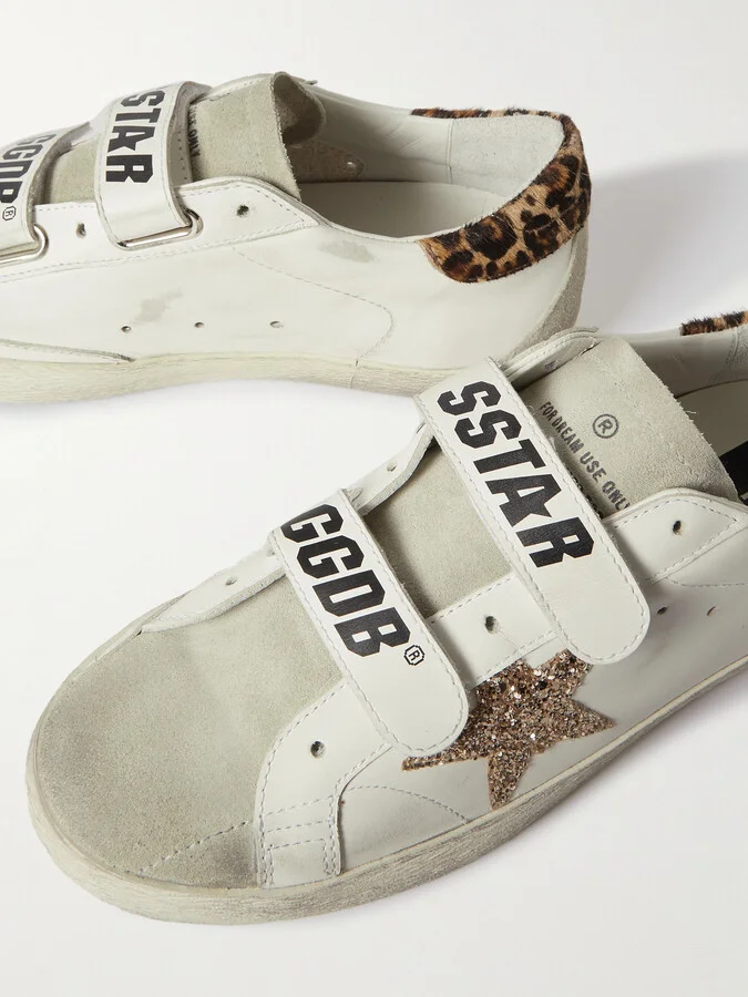 Golden Goose - Old School Pony Hair-trimmed Distressed Glittered Leather And Suede Sneakers - White - Image 4