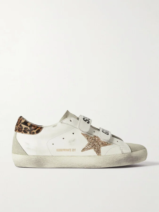 Golden Goose - Old School Pony Hair-trimmed Distressed Glittered Leather And Suede Sneakers - White