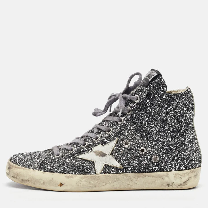 Golden Goose Silver/White Glitter and Leather High Top Francy Sneakers Size 40