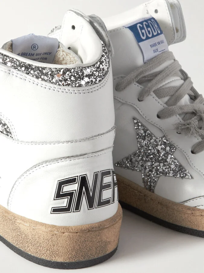 Golden Goose - Sky-star Distressed Glittered Leather High-top Sneakers - Off-white - Image 4
