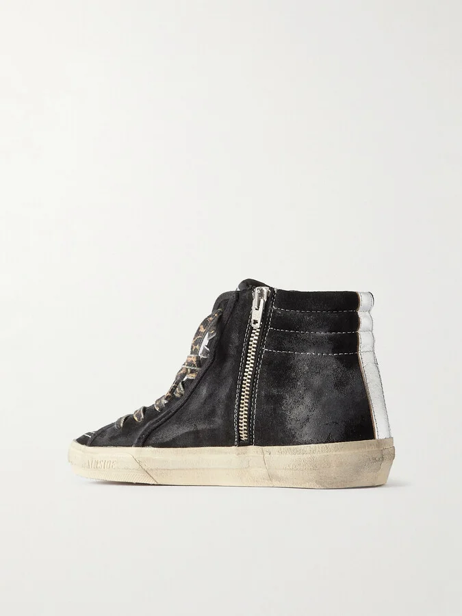 Golden Goose - Slide Distressed Leather-trimmed Suede High Top Sneakers - Black - Image 3