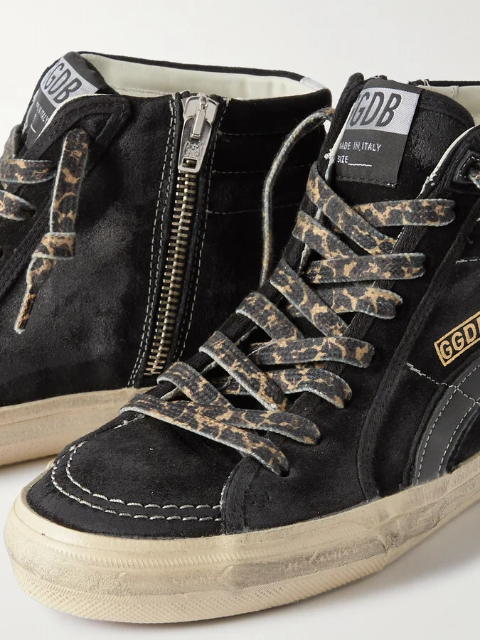 Golden Goose - Slide Distressed Leather-trimmed Suede High Top Sneakers - Black - Image 4