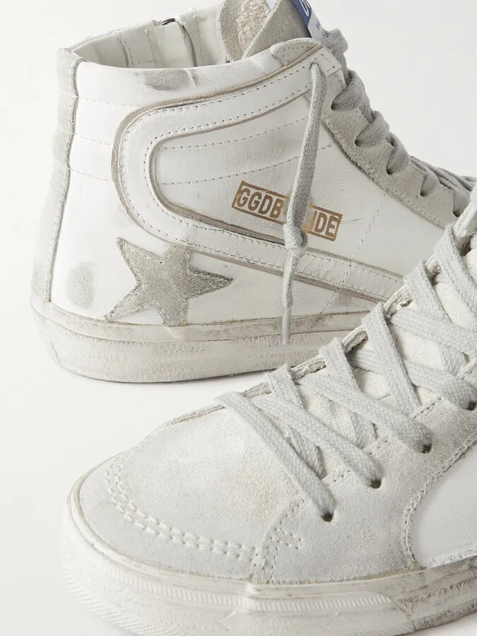 Golden Goose - Slide Distressed Suede And Leather High-top Sneakers - White - Image 4