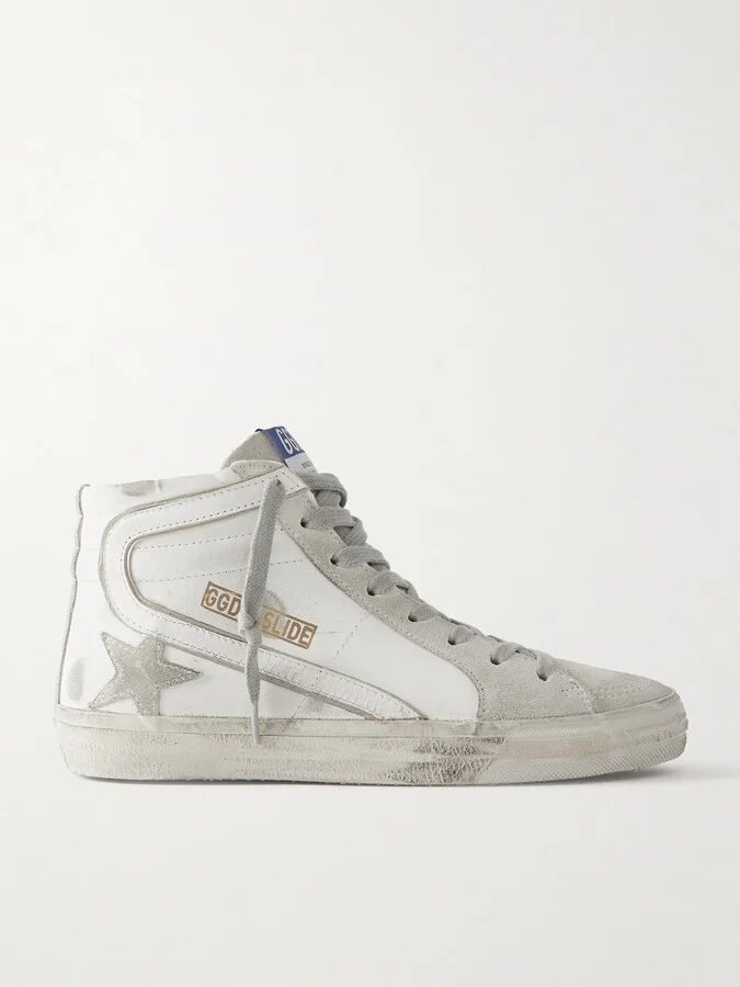 Golden Goose - Slide Distressed Suede And Leather High-top Sneakers - White