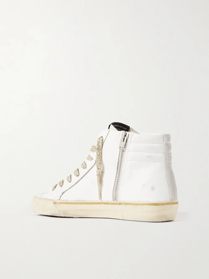 Golden Goose - Slide Distressed Suede And Metallic-trimmed Leather High-top Sneakers - White - Image 3