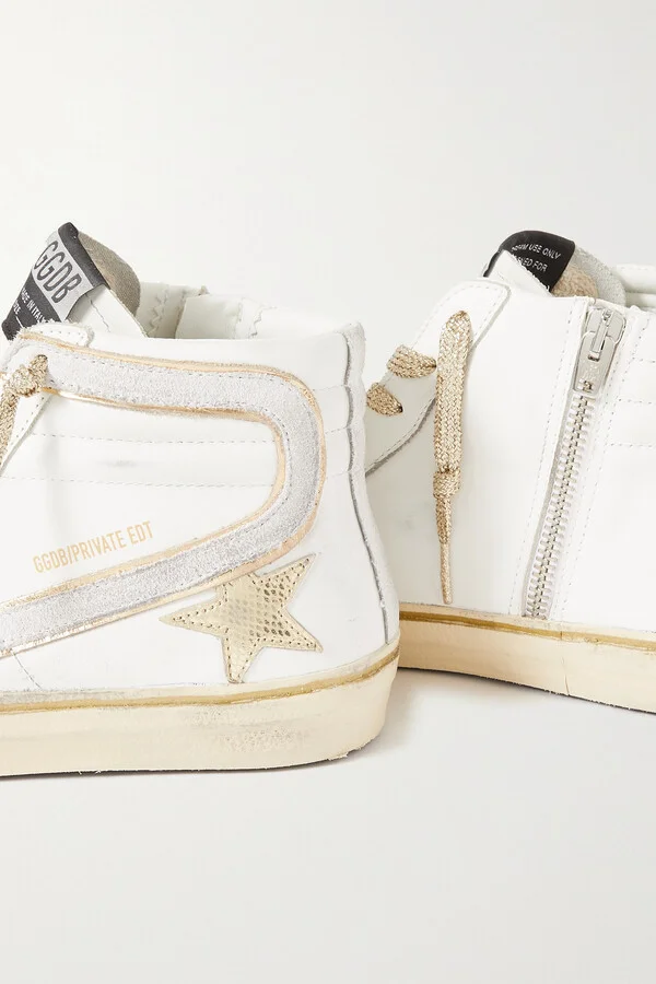 Golden Goose - Slide Distressed Suede And Metallic-trimmed Leather High-top Sneakers - White - Image 4