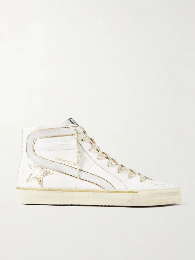 Golden Goose - Slide Distressed Suede And Metallic-trimmed Leather High-top Sneakers - White