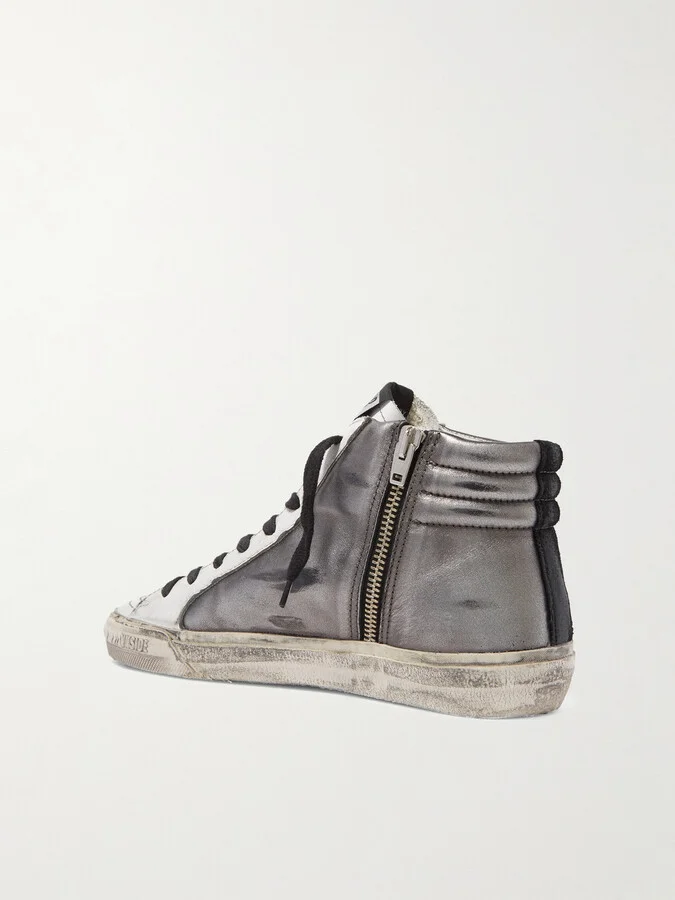 Golden Goose - Slide Distressed Suede-trimmed Leather And Lurex High-top Sneakers - Silver - Image 3