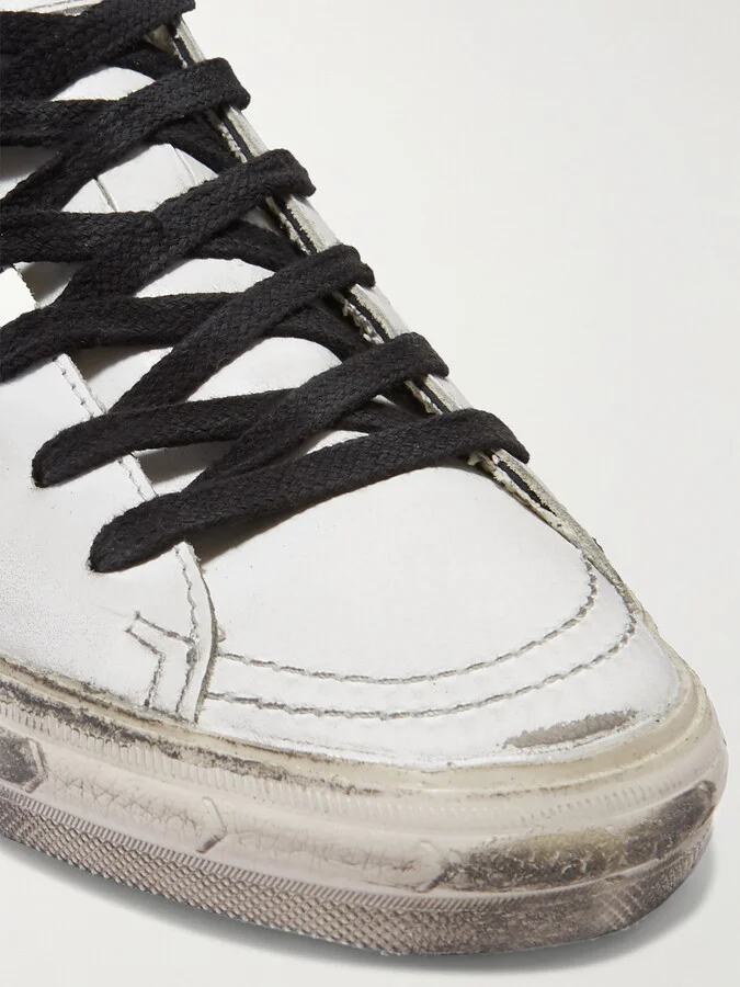 Golden Goose - Slide Distressed Suede-trimmed Leather And Lurex High-top Sneakers - Silver - Image 4