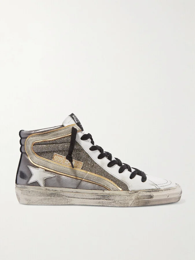 Golden Goose - Slide Distressed Suede-trimmed Leather And Lurex High-top Sneakers - Silver
