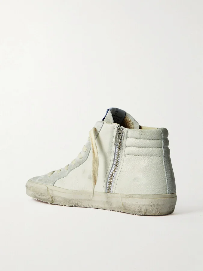 Golden Goose - Slide Embellished Distressed Glittered Leather And Suede High-top Sneakers - White - Image 3