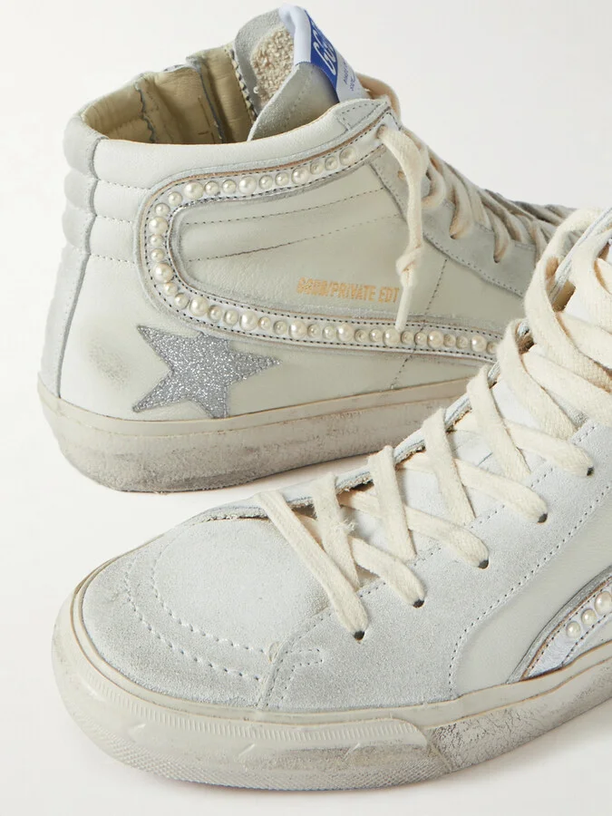 Golden Goose - Slide Embellished Distressed Glittered Leather And Suede High-top Sneakers - White - Image 4