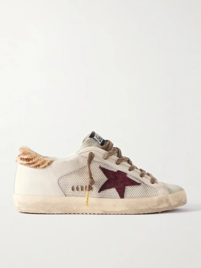 Golden Goose - Super-star Calf Hair And Suede-trimmed Mesh And Distressed Leather Sneakers - Off-white