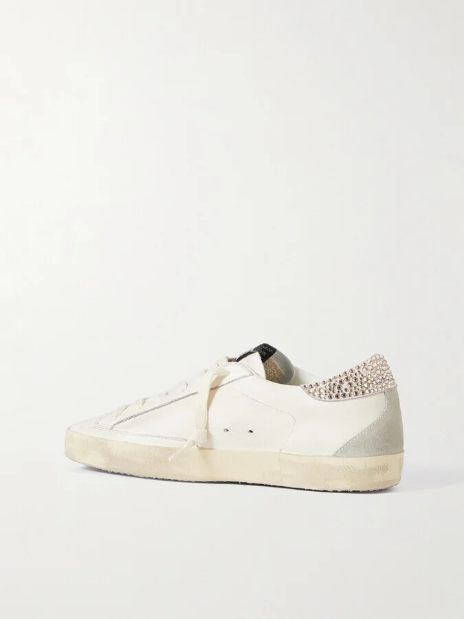 Golden Goose - Super-star Crystal-embellished Velvet-trimmed Distressed Leather Sneakers - White - Image 3