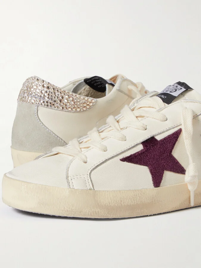 Golden Goose - Super-star Crystal-embellished Velvet-trimmed Distressed Leather Sneakers - White - Image 4