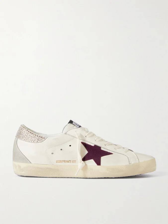 Golden Goose - Super-star Crystal-embellished Velvet-trimmed Distressed Leather Sneakers - White