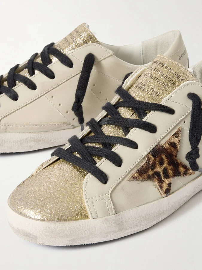 Golden Goose - Super-star Distressed Glittered Leather And Calf Hair Sneakers - Off-white - Image 4