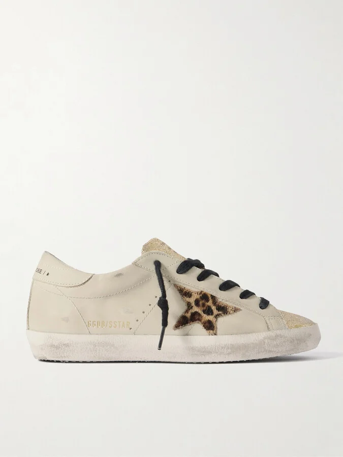 Golden Goose - Super-star Distressed Glittered Leather And Calf Hair Sneakers - Off-white