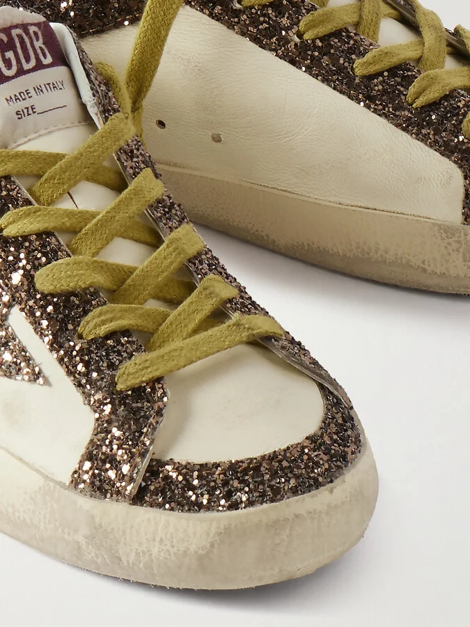 Golden Goose - Super-star Distressed Glittered Leather Sneakers - Brown - Image 4