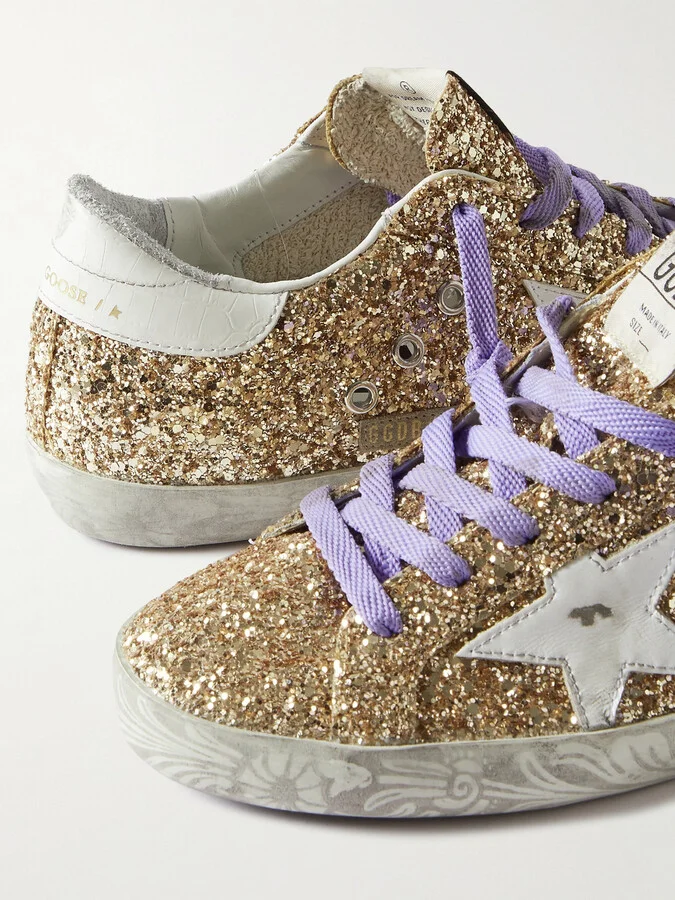 Golden Goose - Super-star Distressed Glittered Leather Sneakers - IT35 - Image 4