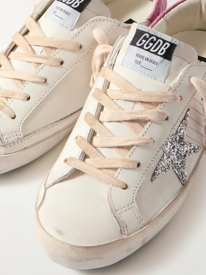 Golden Goose - Super-star Distressed Glittered Leather Sneakers - White - Image 4