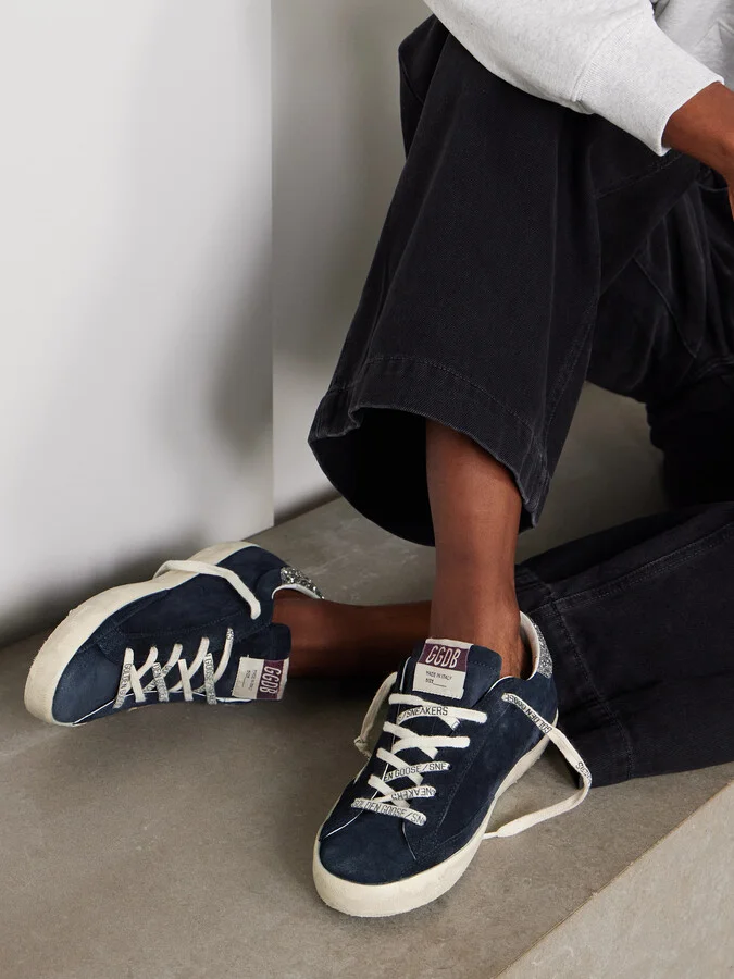 Golden Goose - Super-star Distressed Glittered Leather-trimmed Suede Sneakers - Blue - Image 2