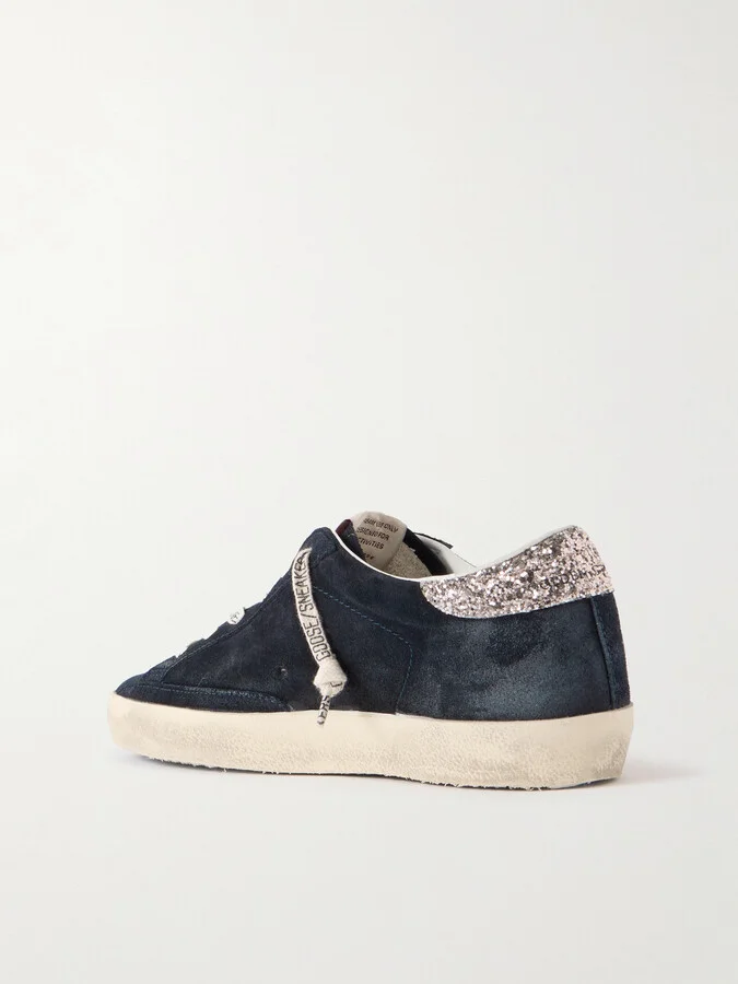Golden Goose - Super-star Distressed Glittered Leather-trimmed Suede Sneakers - Blue - Image 3