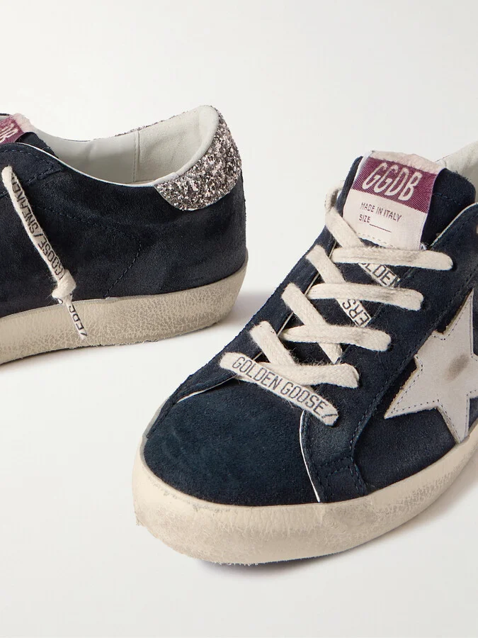 Golden Goose - Super-star Distressed Glittered Leather-trimmed Suede Sneakers - Blue - Image 4