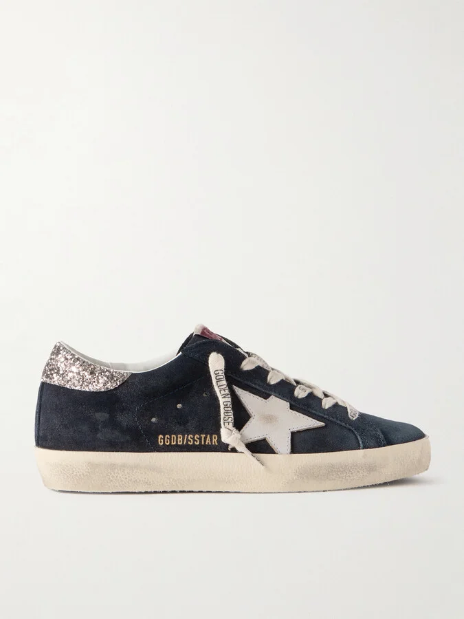 Golden Goose - Super-star Distressed Glittered Leather-trimmed Suede Sneakers - Blue