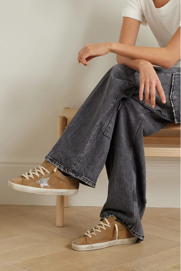 Golden Goose - Super-star Distressed Glittered Leather-trimmed Suede Sneakers - Brown - Image 2