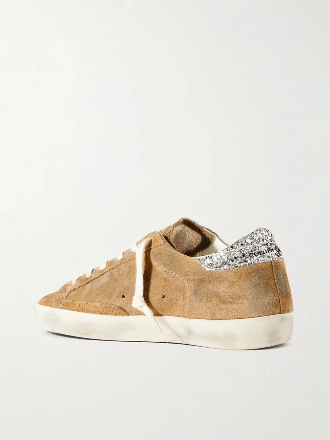 Golden Goose - Super-star Distressed Glittered Leather-trimmed Suede Sneakers - Brown - Image 3